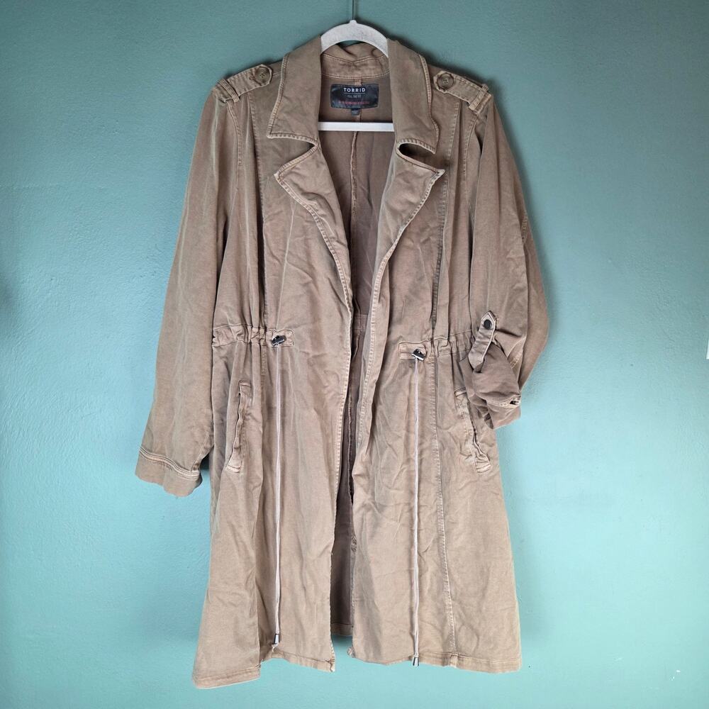 Torrid Womens 3 Tan Anorak Twill Drape Open Front Trench Jacket